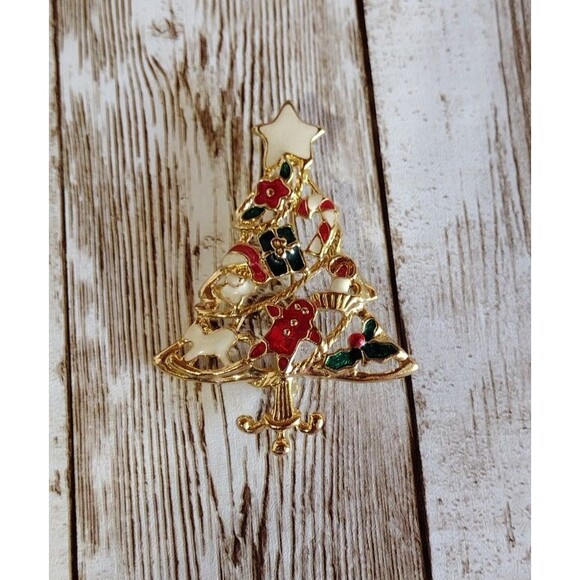 VTG Christmas Tree Brooch Pin Enamel Gold Tone Santa Candy Cane Gingerbread Man - Picture 1 of 4